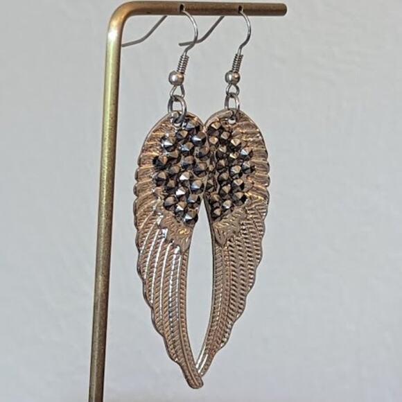 Silver Tone Beaded Wing Earrings - Picture 2 of 5